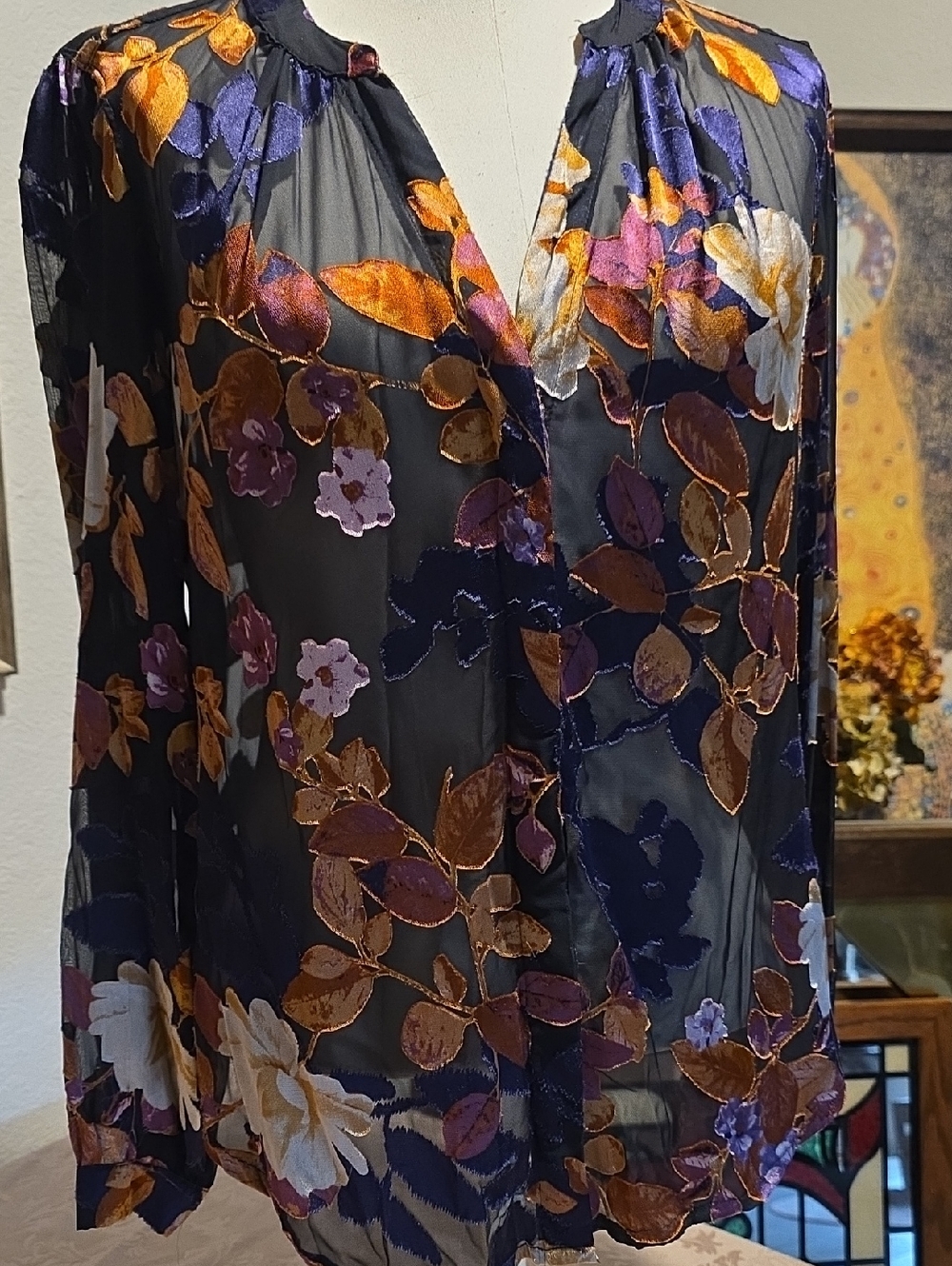 Beautiful Black Sheer Floral Velvet-Accent Blouse